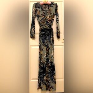 Long Sleeve Floral  Front Wrap Belted Wide Leg Jumpsuit (NWT) Green Florals
